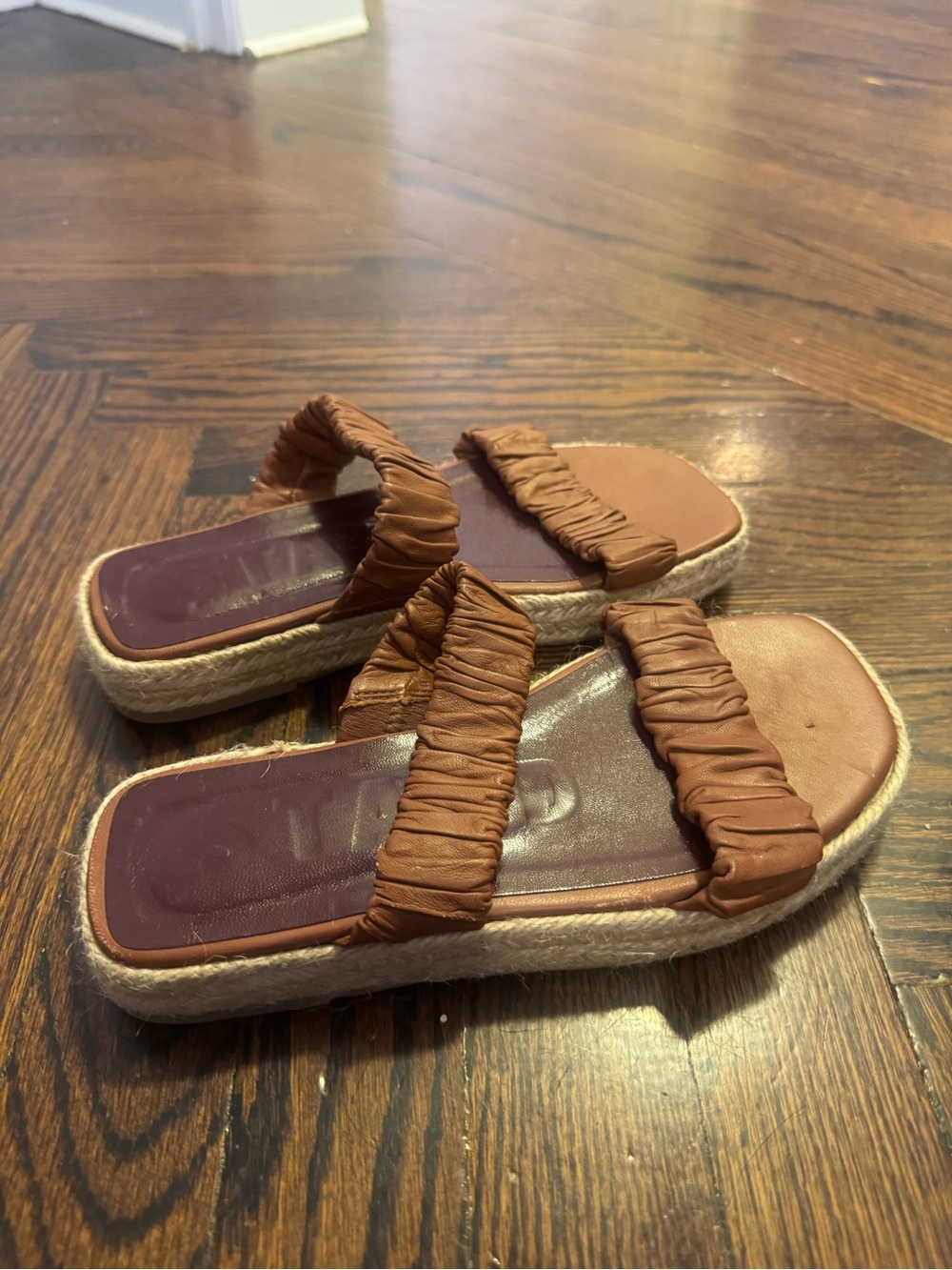 STAUD Brown Ruched Strap Espadrille Slide Sandals